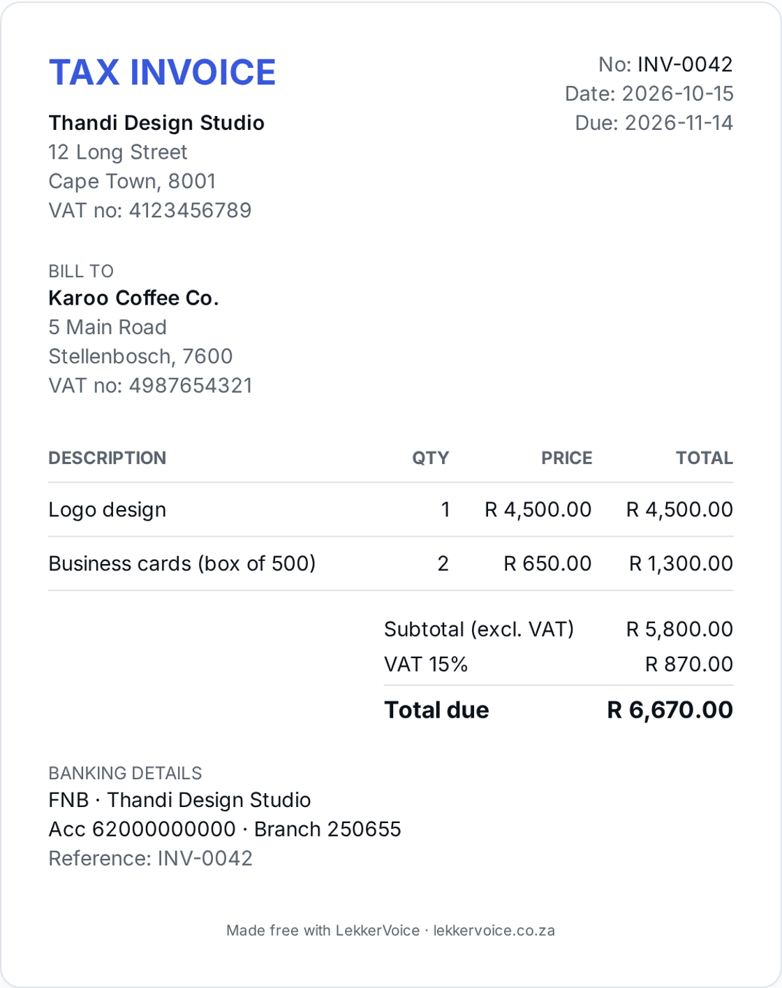 Preview of the free South African quotation template